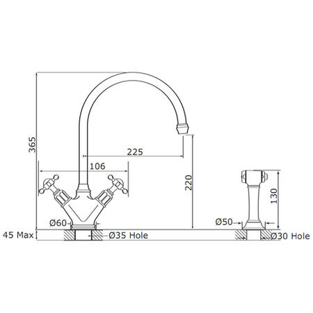Perrin And Rowe 4367CPWPC Minoan Biflow Mixer Tap with Lever Handles and Rinse in Chrome