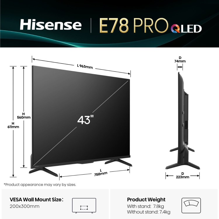 Hisense E78QTUK PRO 43 inch Smart 4K Ultra HD QLED TV