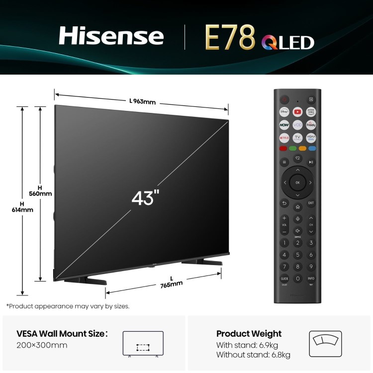Hisense E78QTUK 43 inch Smart 4K Ultra HD QLED TV