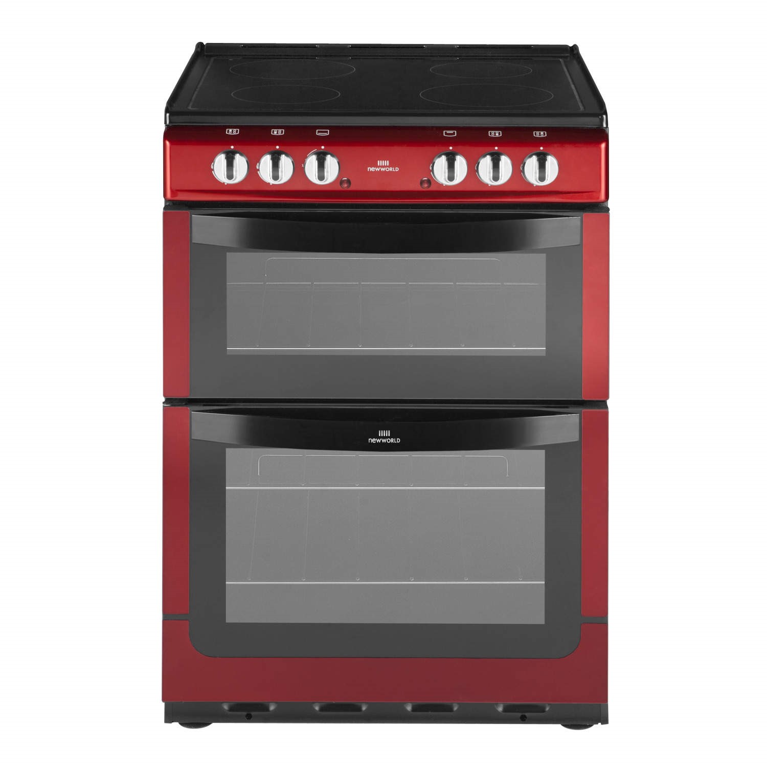 New World NW601EDO 60cm Double Oven Electric Cooker with Ceramic Hob Metallic Red 444442181 Appliances Direct