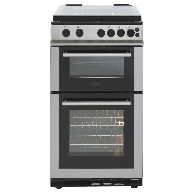 Belling FSG50GTCL 50cm Lidded Double Cavity Gas Cooker With Enamel Pan Stands - Stainless Steel