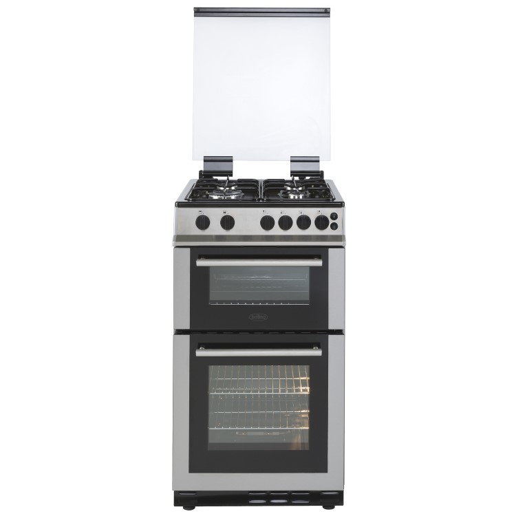 Belling FSG50GTCL 50cm Lidded Double Cavity Gas Cooker With Enamel Pan Stands - Stainless Steel