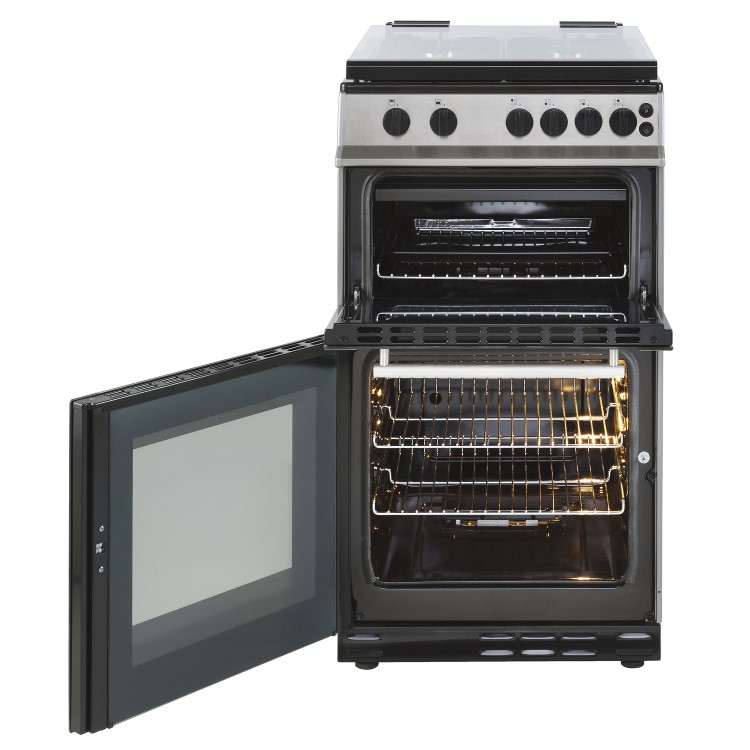 Belling FSG50GTCL 50cm Lidded Double Cavity Gas Cooker With Enamel Pan Stands - Stainless Steel