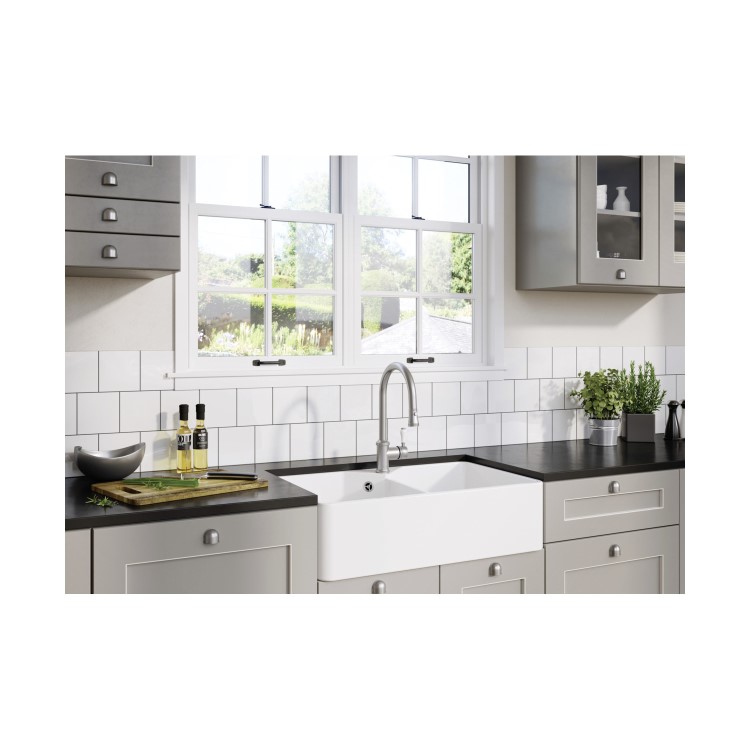 Blanco Villae Farmhouse Dual Bowl Undermount Ceramic Kitchen Sink - White