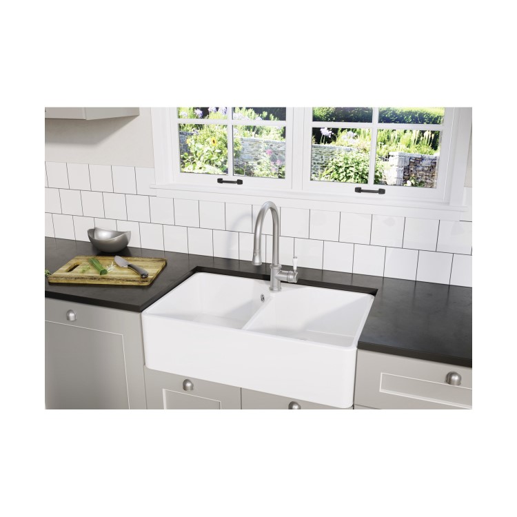 Blanco Villae Farmhouse Dual Bowl Undermount Ceramic Kitchen Sink - White