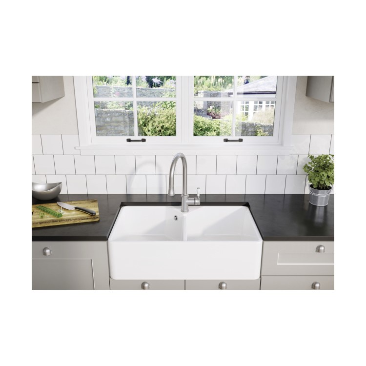 Blanco Villae Farmhouse Dual Bowl Undermount Ceramic Kitchen Sink - White