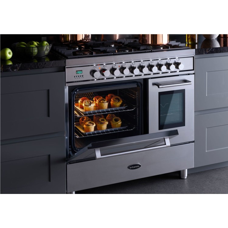 Refurbished Britannia Q Line 100cm Double Oven Dual Fuel Range Cooker Stainless Steel