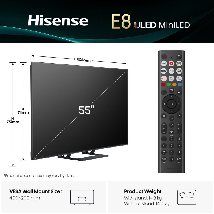 Hisense E8QTUK 55 inch Smart 4K Ultra HD Mini-LED TV