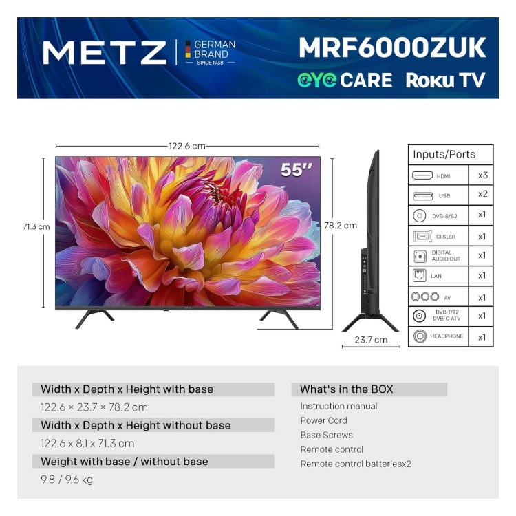 Metz 55MRF6000ZUK 55" 4K UHD Smart TV – DLED Roku & Freely