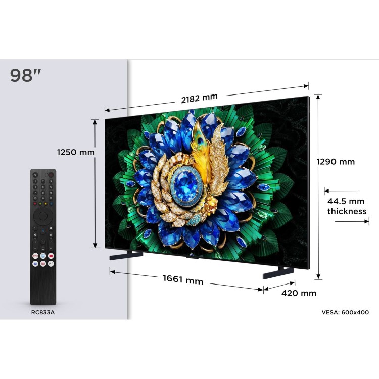 TCL 98A400M-UK 98-Inch 4K QD-Mini LED Google TV  Ultra HD HDR Smart TV with Dolby Vision 144Hz Gaming & Premium Cinematic Display