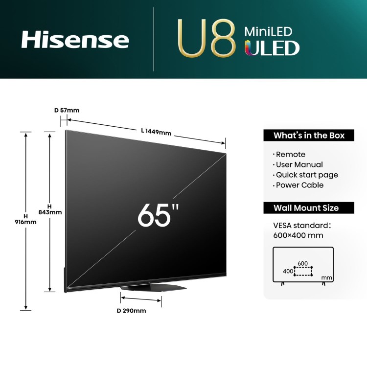 Hisense 65U8NQTUK 65 Mini-LED PRO 4K Smart TV – Dolby Vision IQ & Dolby Atmos
