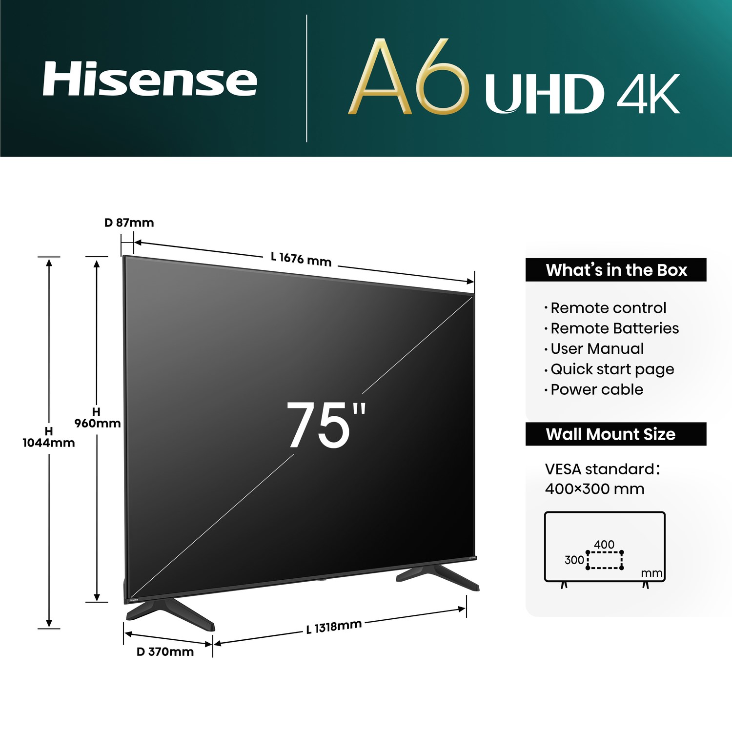 Hisense A6N 75 inch Smart 4K Ultra HD LED TV 75A6NTUK | Appliances Direct