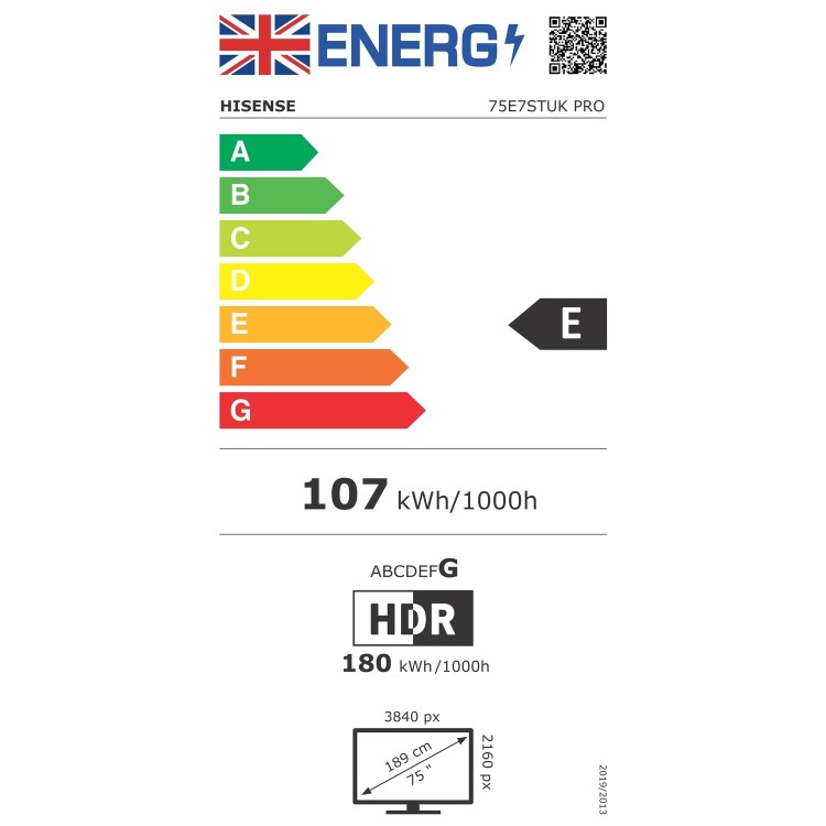 Hisense 75E7STUK PRO 75 Inch 4K Ultra HD Smart TV – Dolby Vision HDR10+ Hi-QLED 144Hz VRR Gaming Google TV