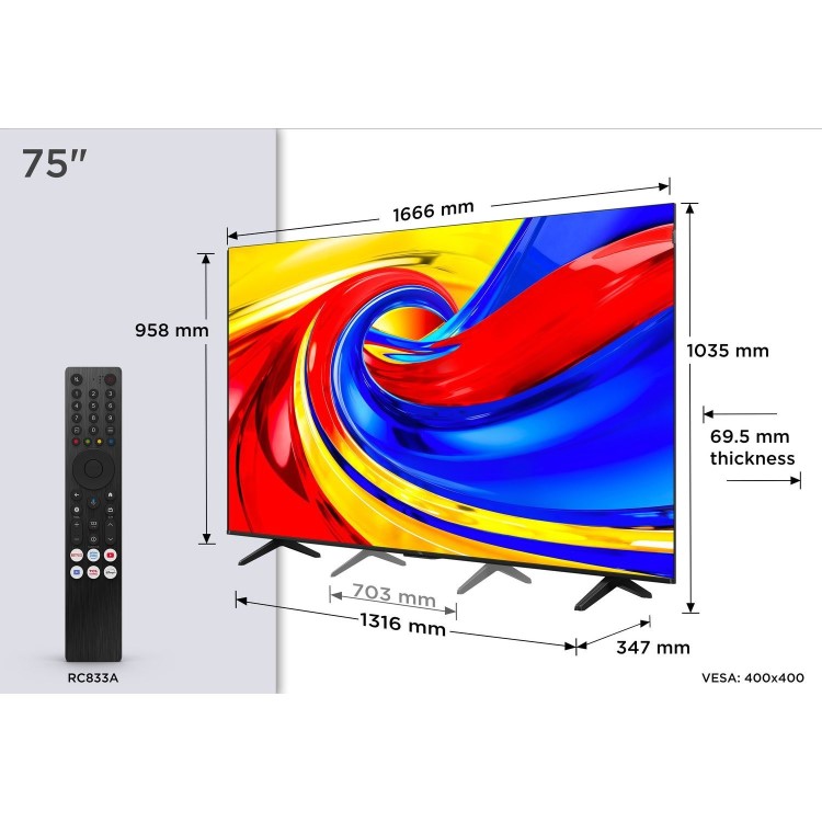 TCL 75P7L-UK 75" QLED 4K Smart TV – Ultra Large 75 Inch HDR Google TV with Dolby Vision & Immersive Cinematic Picture Quality