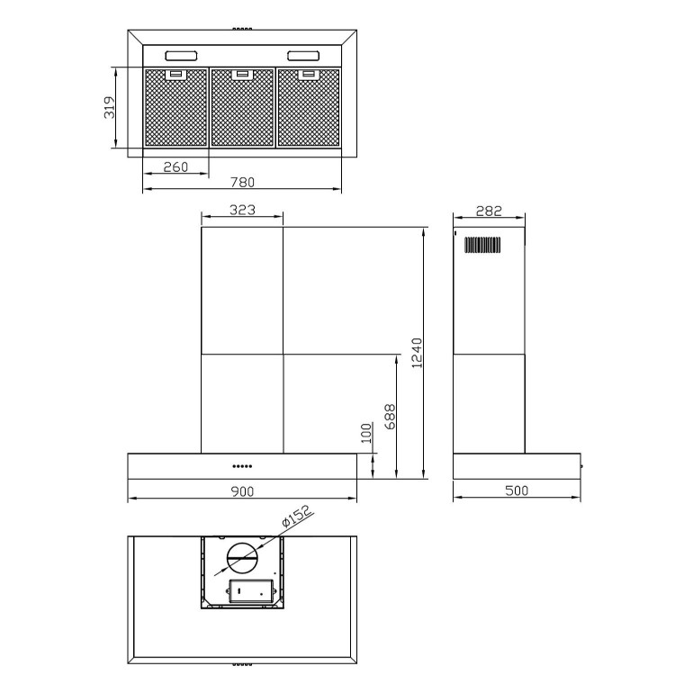 Stoves S900 Sterling Flat 90cm Wide Chimney Cooker Hood Black