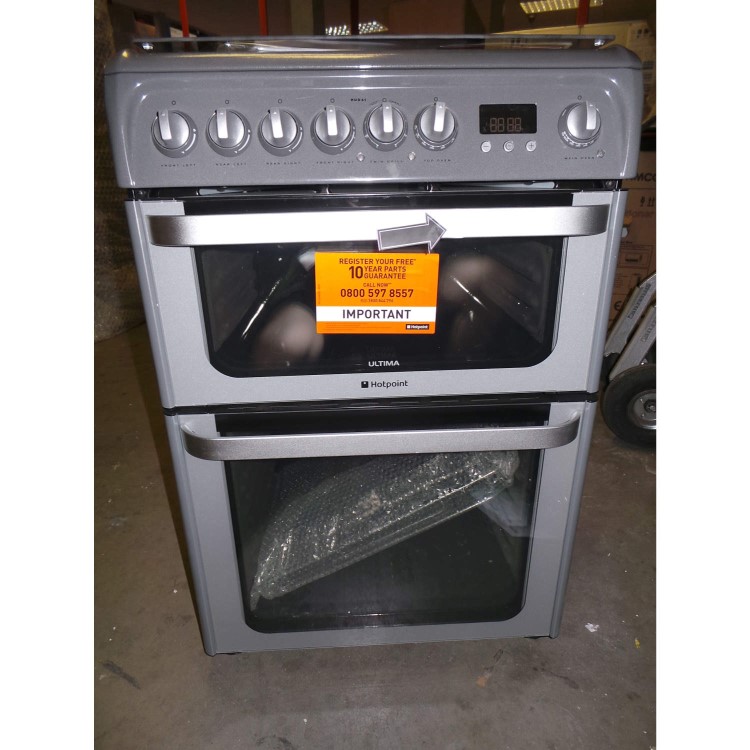 GRADE A3 - Heavy cosmetic damage - Hotpoint HUD61GS Ultima 60cm Double Oven Dual Fuel Cooker - Graphite