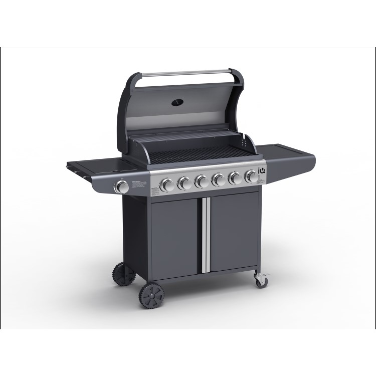 GRADE A1 - iQ Premium 6 Burner Black Gas BBQ with side burner with Free Accessory Pack Includes BBQ Cover and Utensil Set