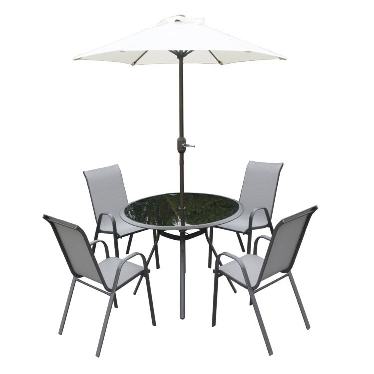 Grey Metal 4 Seater Garden Furniture Dining Set - Parasol Included 