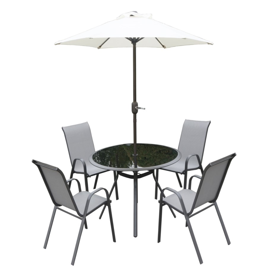 Grey Metal 4 Seater Garden Furniture Dining Set - Parasol Included