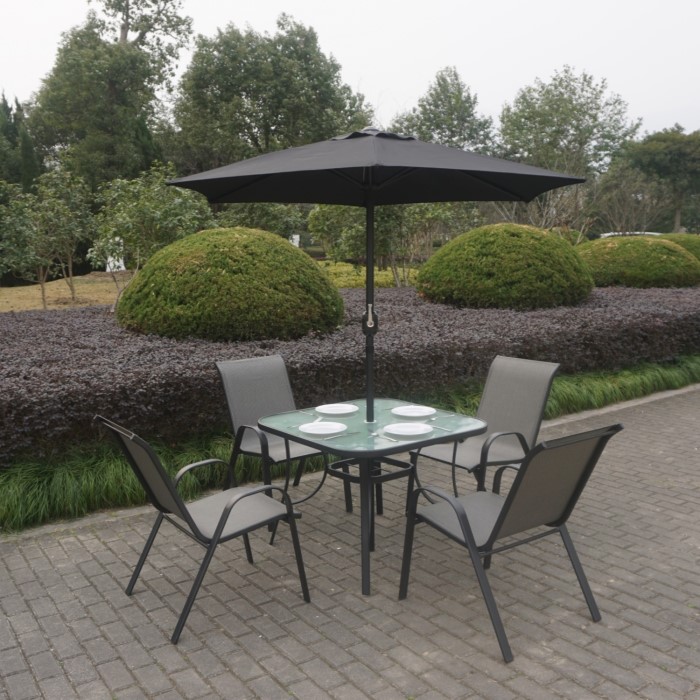Black Metal 4 Seater Garden Furniture Dining Set Parasol Included Black Metal 4 Seater Garden Furniture Dining Set Parasol Included Ftr010
