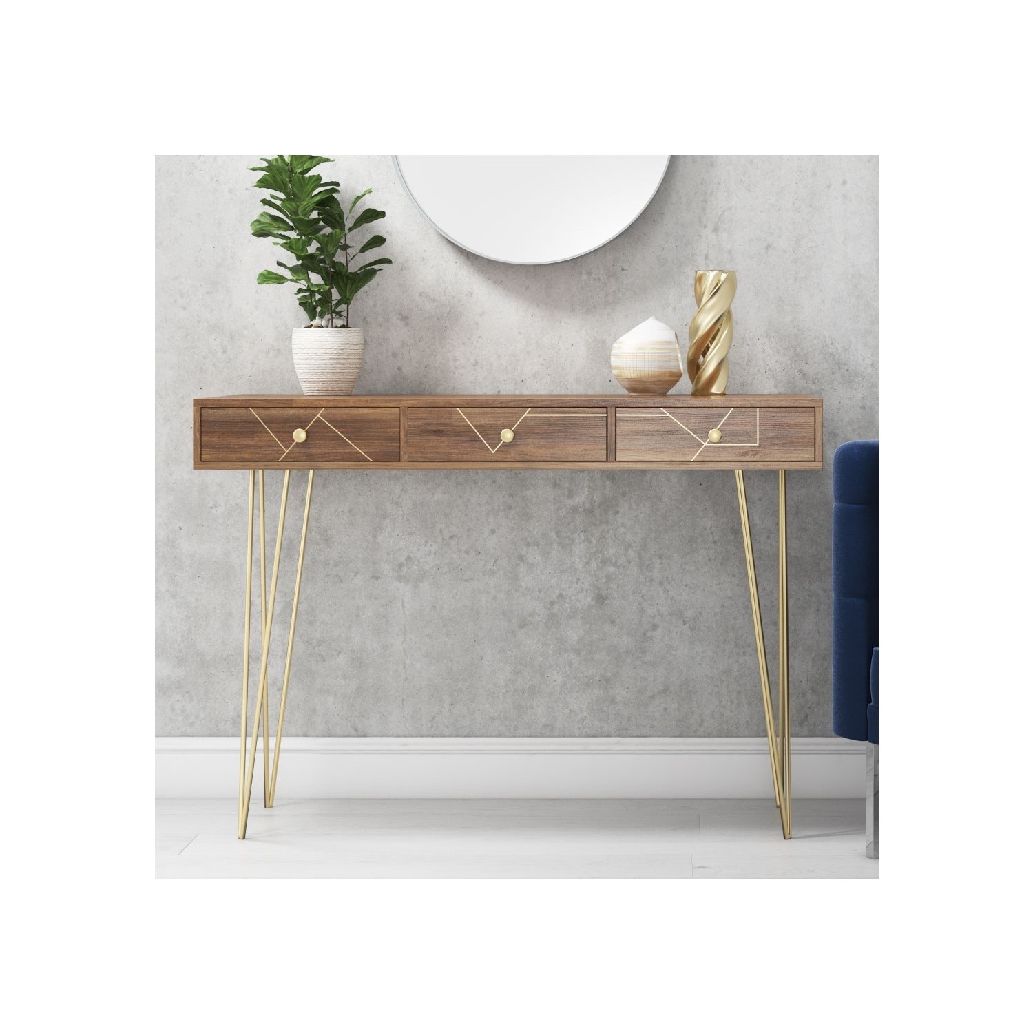 Modern Industrial Console Table 3 Drawer Storage Wood Hairpin Legs