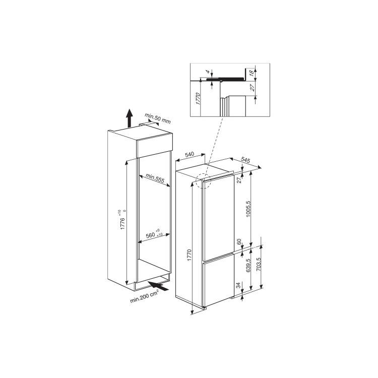 GRADE A2 - Hotpoint HMCB7030AADF 264 Litre Integrated Fridge Freezer 70/30 Split 177cm Tall A+ Energy Rating 54cm Wide - White