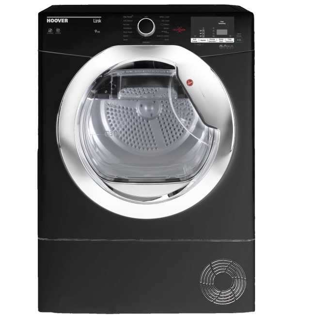 GRADE A1 - Hoover HLC9DCEB Link 9kg Freestanding Condenser Sensor Tumble Dryer With One Touch - Black With Chrome Water Collection Glass Door