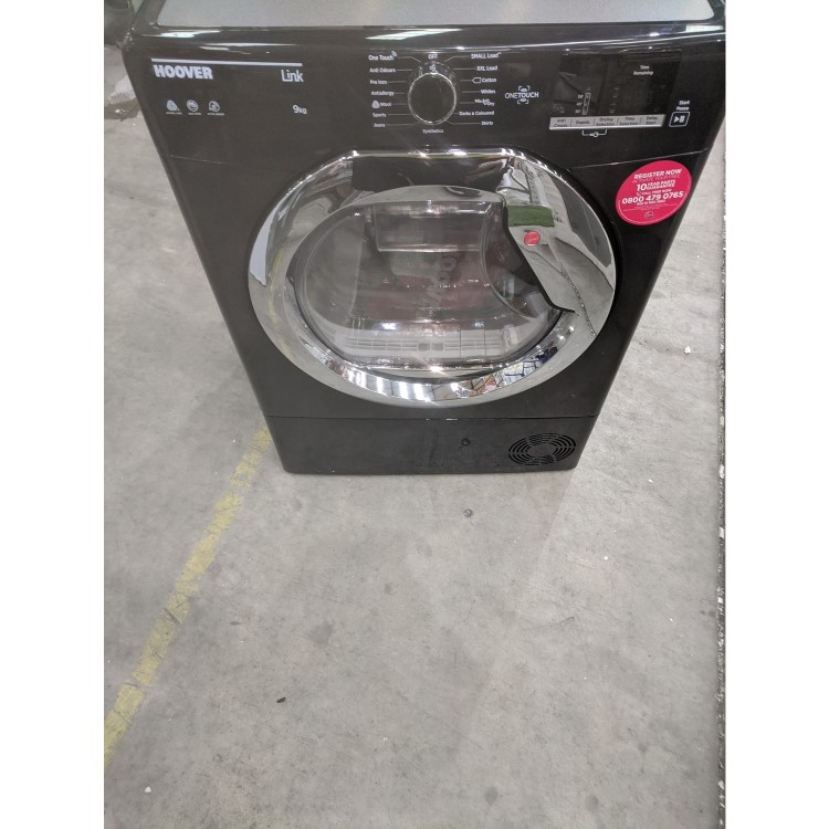 GRADE A3 - Hoover HLC9DCEB Link 9kg Freestanding Condenser Sensor Tumble Dryer With One Touch - Black With Chrome Water Collection Glass Door