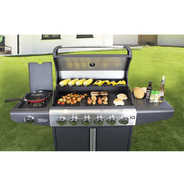 GRADE A1 - iQ Premium 6 Burner Black Gas BBQ with side burner with Free Accessory Pack Includes BBQ Cover and Utensil Set