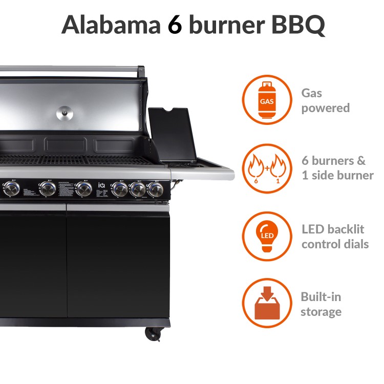GRADE A2 - The Alabama 6 Burner Gas BBQ in Black Stainless Steel with Free BBQ Cover