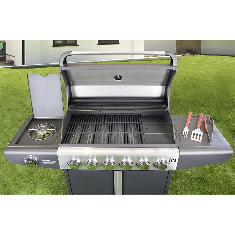 GRADE A1 - iQ Premium 6 Burner Black Gas BBQ with side burner with Free Accessory Pack Includes BBQ Cover and Utensil Set