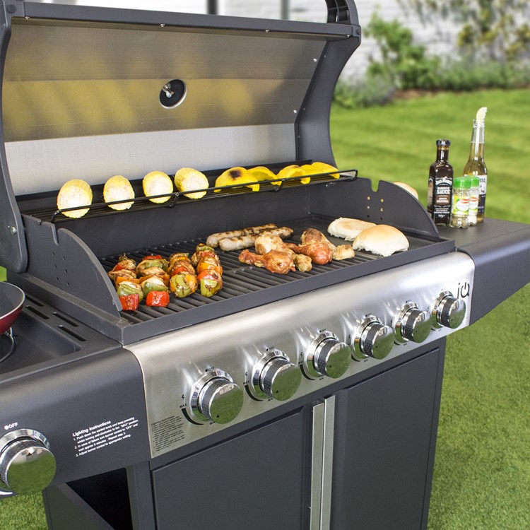 GRADE A1 - iQ Premium 6 Burner Black Gas BBQ with side burner with Free Accessory Pack Includes BBQ Cover and Utensil Set