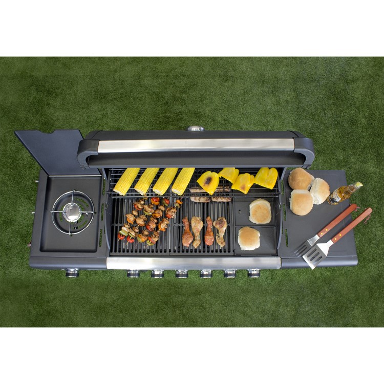 GRADE A3 - The Carolina Premium 6 Burner Black Gas BBQ with Side Burner - Includes BBQ Cover and Utensil Set
