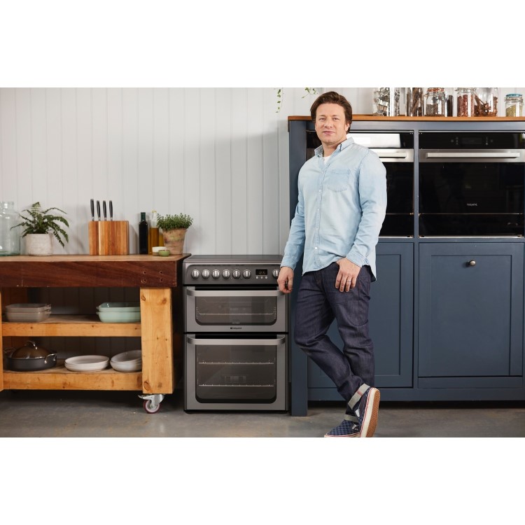 GRADE A2 - Hotpoint HUE61GS Ultima 60cm Double Oven Electric Cooker with Ceramic Hob - Graphite
