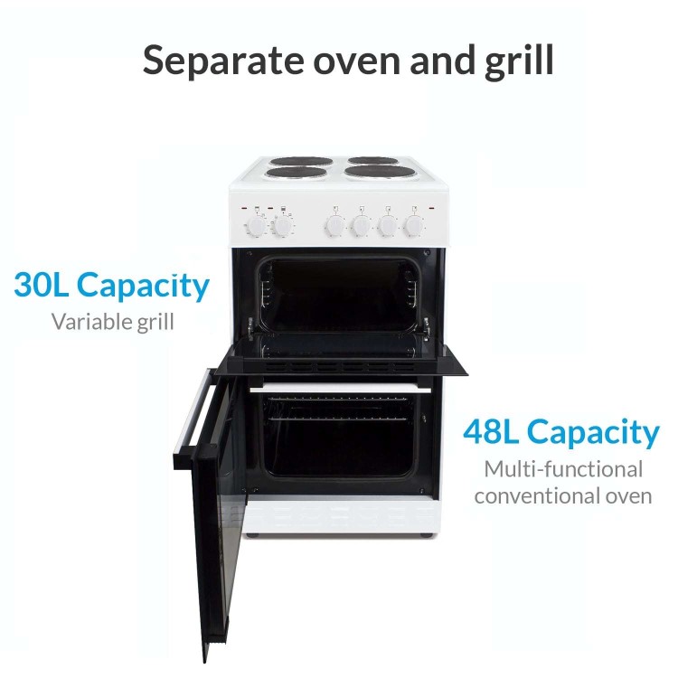 electriQ 50cm Double Cavity Electric Cooker with Sealed Plate Hob - White