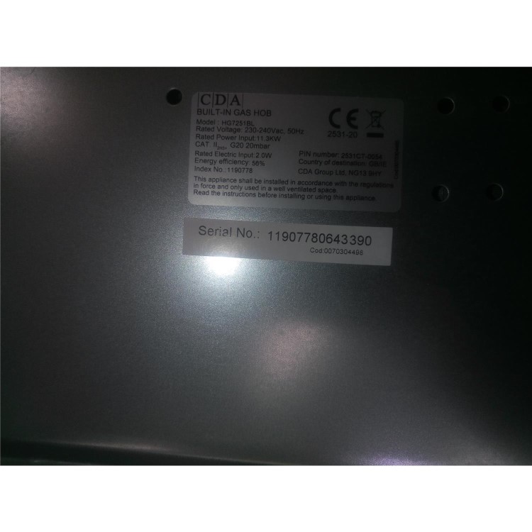 Refurbished CDA HG7251BL 70cm 5 burner gas hob - wok burner - front control - Black