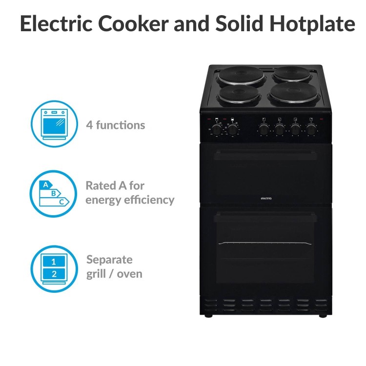 electriQ 50cm Double Cavity Electric Cooker with Sealed Plate Hob - Black