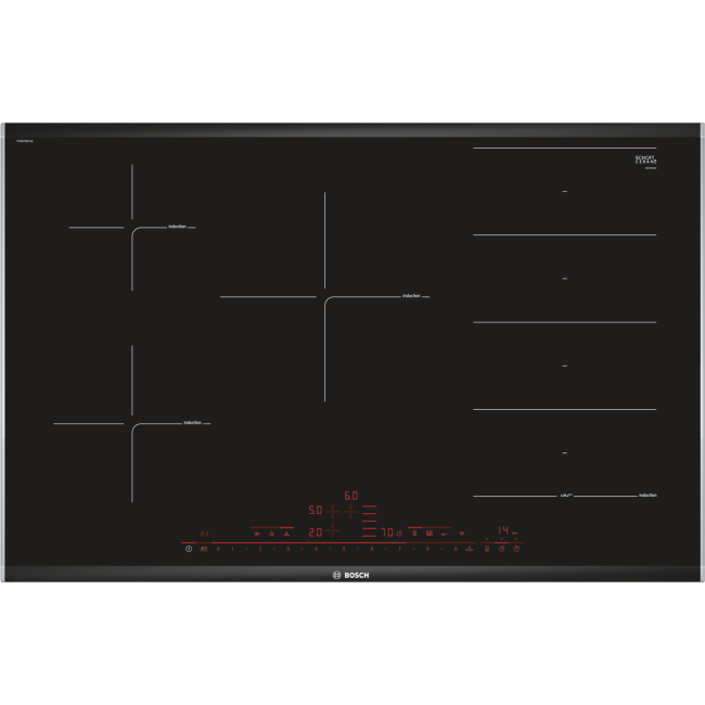 Refurbished Bosch Serie 8 PXV875DV1E 80cm 5 Zone Induction Hob Front Facette Black Glass With Side Trim