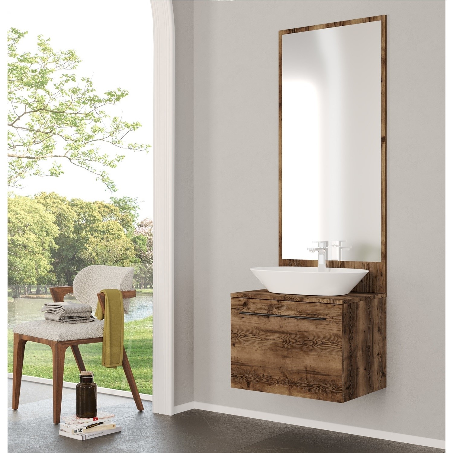 600mm Wood Effect Wall Hung Countertop Vanity Unit with Mirror and Basin - Nerja