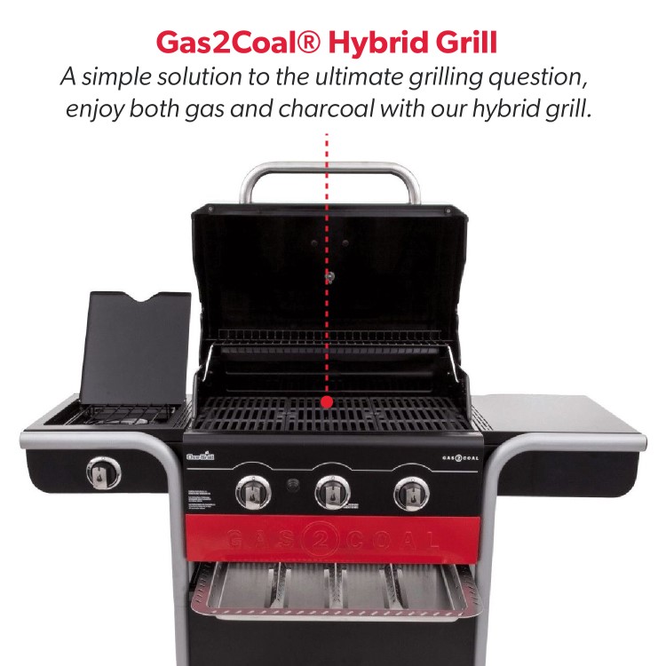 Refurbished Char-Broil Gas2Coal 330 Dual Fuel BBQ - 3 Burner Gas & Charcoal Grill with Side Burner