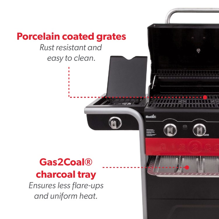 Refurbished Char-Broil Gas2Coal 330 Dual Fuel BBQ - 3 Burner Gas & Charcoal Grill with Side Burner