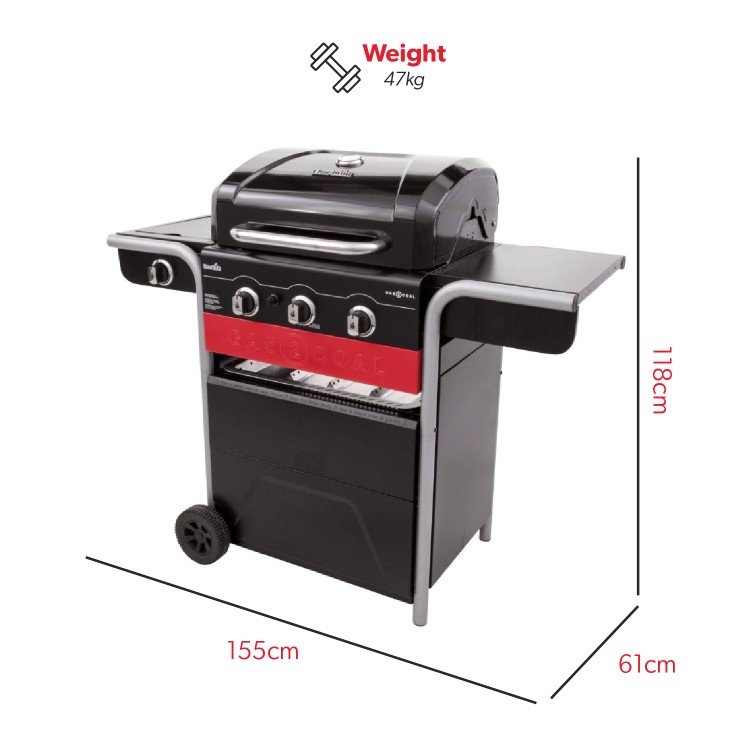 Refurbished Char-Broil Gas2Coal 330 Dual Fuel BBQ - 3 Burner Gas & Charcoal Grill with Side Burner