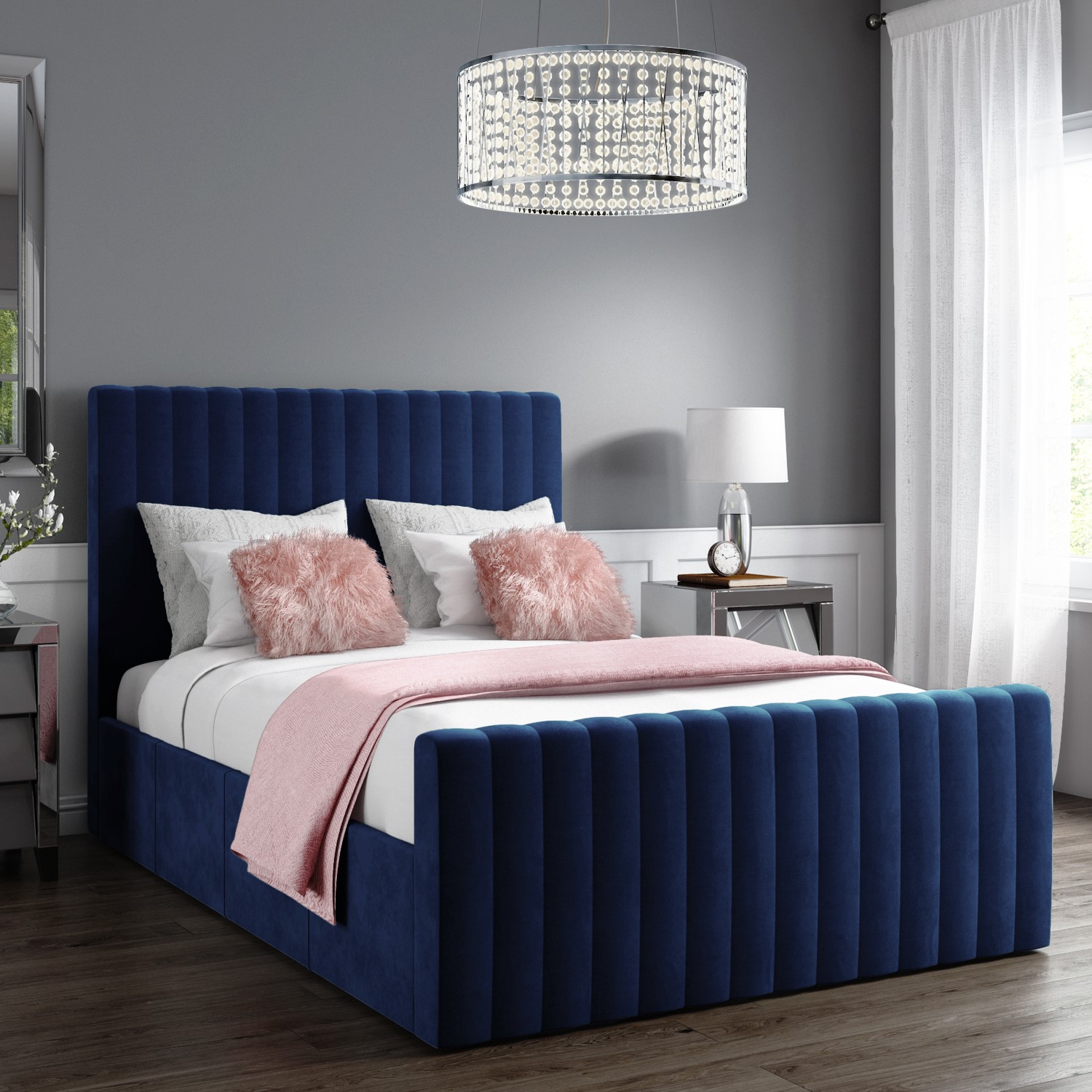 Khloe King Size Side Ottoman Bed in Navy Blue Velvet 5056096020656 eBay