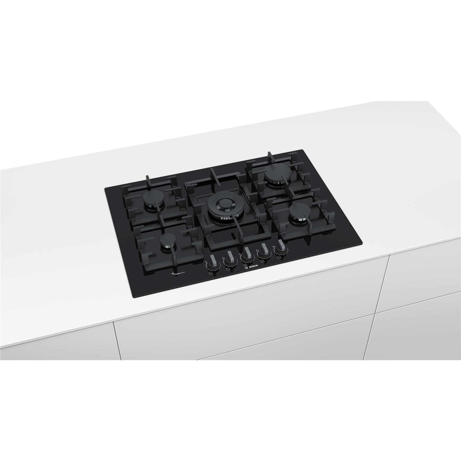 Bosch Series 6 75cm 5 Burner Gas Hob Black Glass PPQ7A6B90