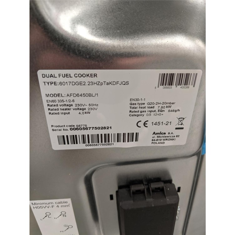 Refurbished Amica AFD6450BL 60cm Dual Fuel Cooker