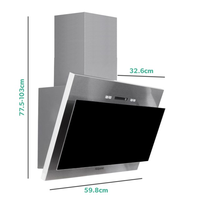 Refurbished Hotpoint PHVP64FALK 60cm Touch Control Angled Cooker Hood - Black Glass & Stainless Steel