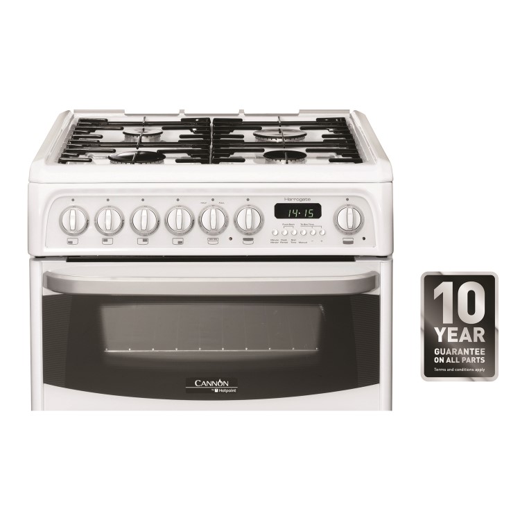 Refurbished Hotpoint Harrogate CH60DHWF 60cm Double Oven Dual Fuel Cooker with Lid White
