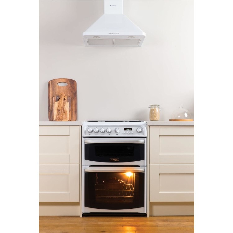 Refurbished Hotpoint Harrogate CH60DHWF 60cm Double Oven Dual Fuel Cooker with Lid White