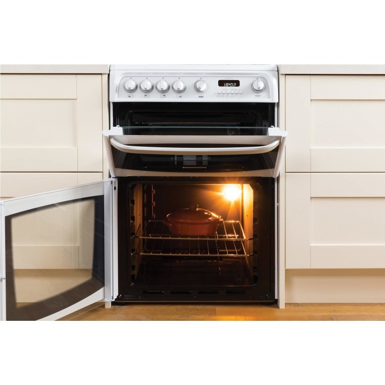 Refurbished Hotpoint Harrogate CH60DHWF 60cm Double Oven Dual Fuel Cooker with Lid White