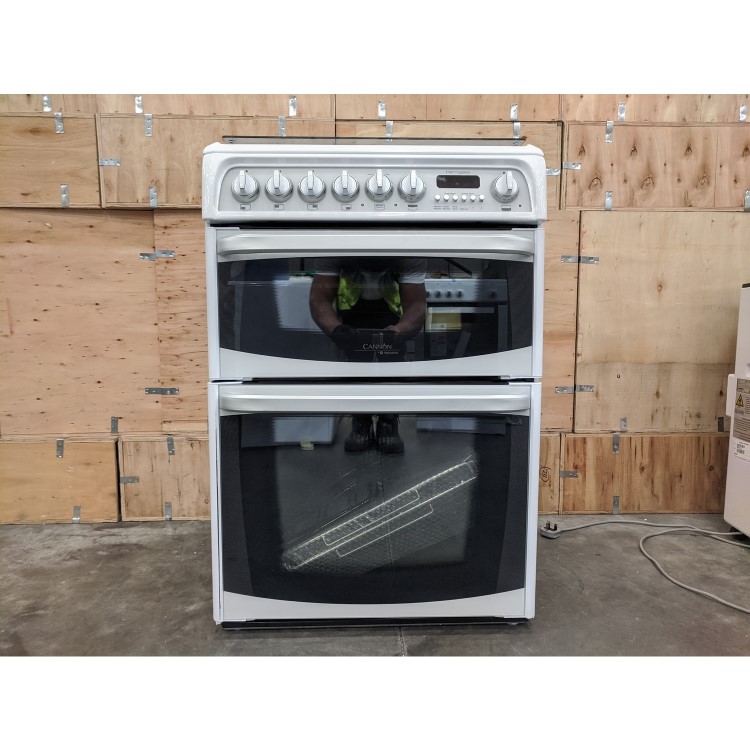 Refurbished Hotpoint Harrogate CH60DHWF 60cm Double Oven Dual Fuel Cooker with Lid White